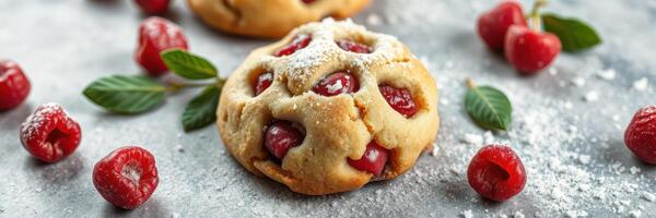 Freshly baked raspberry cookies with mint and powdered sugar on a textured surface photo