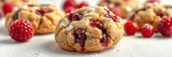 Freshly baked raspberry cookies with scattered berries on a light surface photo