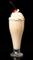Delicious milkshake topped with whipped cream and cherry served in a classic glass on a black background photo