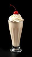 Delicious milkshake topped with whipped cream and cherry served in a classic glass photo
