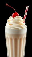 Creamy milkshake topped with whipped cream and a cherry served in a tall glass with a striped straw photo
