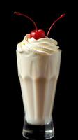 Delicious milkshake topped with whipped cream and cherries on a black background photo