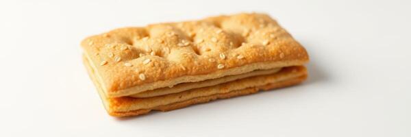Crisp and flaky layered snack with sesame seeds on a white background perfect for sharing or enjoying with tea photo