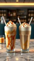 Delicious caramel and coffee milkshakes served with whipped cream and straws in a modern cafe setting photo