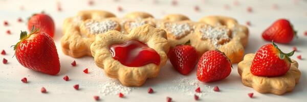 Delicious pastry treats with strawberry filling and fresh strawberries on a light background photo