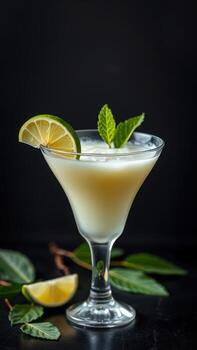refrescante cóctel adornado con Lima y menta en un elegante vaso en oscuro antecedentes foto