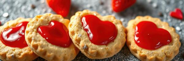 Delicious heart-shaped cookies topped with strawberry jam on a textured surface photo