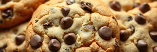 Warm freshly baked chocolate chip cookies stacked on a plate ready to be enjoyed at a cozy kitchen photo