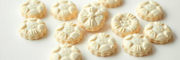 Unique floral-shaped cookies arranged in a pleasing pattern on a light background photo