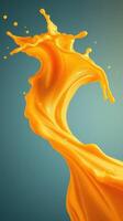 Bright orange liquid splash forms a wave against a blue background capturing movement and energy photo