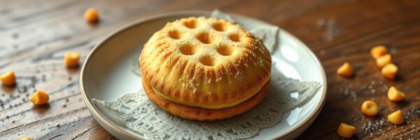 Delicious freshly baked pastry with cream filling on a decorative plate in a cozy kitchen setting photo