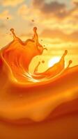 Vibrant splash of orange liquid capturing the glow of a sunset with dynamic waves and droplets in a serene atmosphere photo