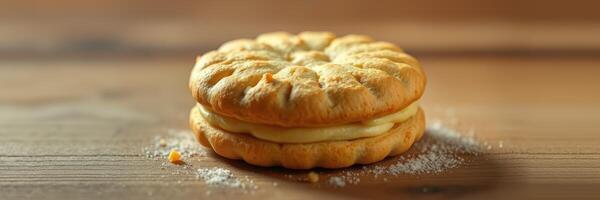 Deliciously crafted pastry sandwiches on a wooden surface with powdered sugar sprinkled around photo