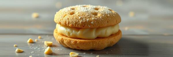 Delicious dessert featuring a creamy filling sandwiched between two golden cookies on a wooden surface photo