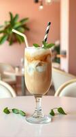 Iced coffee drink with whipped cream and mint garnish served in a stylish cafe setting photo