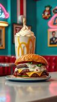 Enjoying a classic burger and milkshake at a vibrant diner in the heart of the city during a sunny afternoon photo