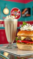 Mouthwatering burger and milkshake served at a retro diner full of color and nostalgic charm photo