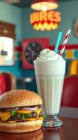 Classic diner serving a cheeseburger with a milkshake in a retro setting during lunchtime photo