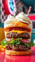 Juicy double cheeseburger stacked high with fresh toppings and milkshakes in retro diner setting photo