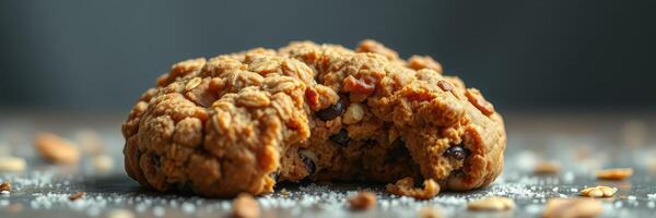 Delicious oatmeal cookie with a bite taken out and crumbs scattered on a dark surface photo