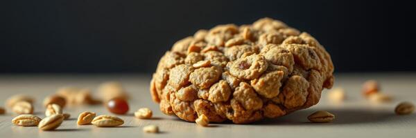 Crisp and chewy oatmeal cookie resting on a textured surface with scattered oats around it photo