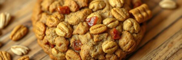 Freshly baked cookie topped with pecans and dried fruit placed on a wooden surface photo