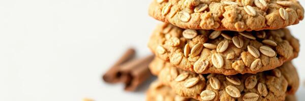 Oatmeal cookies stacked with cinnamon on a clean white background in a kitchen setting photo