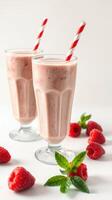 Refreshing raspberry smoothie served in tall glasses with red and white straws on a bright background photo