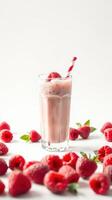 Refreshing raspberry milkshake garnished with fresh berries and a striped straw on a light background photo