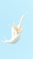 Milk splash creates dynamic shapes against a light blue background during a creative food photography session photo