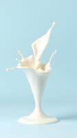 Milk splashes elegantly from a curved glass against a soft blue background creating a dynamic visual experience photo
