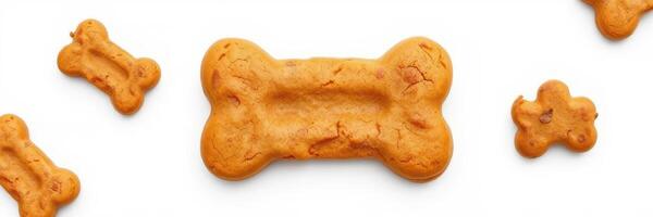 Homemade dog treats shaped like bones and small cookies on a white background photo