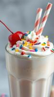 Creamy milkshake topped with whipped cream, cherry, and colorful sprinkles in a tall glass photo