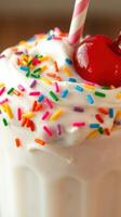 Creamy milkshake topped with colorful sprinkles and a cherry served in a glass with straws photo