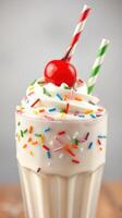 Creamy milkshake topped with sprinkles and a cherry in a tall glass with colorful straws photo