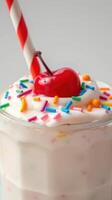 Delicious milkshake topped with whipped cream, sprinkles, and a cherry on a vibrant straw for a perfect treat photo
