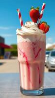Refreshing strawberry milkshake topped with whipped cream and strawberries on a sunny day photo