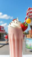 Delicious strawberry milkshake topped with whipped cream and cherry on a sunny day at a retro diner photo