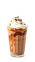 Delicious chocolate milkshake topped with whipped cream and chocolate shavings served in a clear glass photo