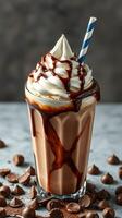 Decadent chocolate milkshake topped with whipped cream and chocolate drizzle served with a striped straw photo