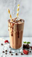 Delicious chocolate milkshake topped with chocolate syrup and fresh strawberries in a glass photo