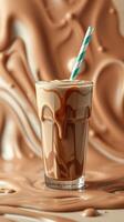 Delicious chocolate milkshake with a striped straw on a swirled chocolate background photo