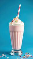 Creamy pink milkshake topped with whipped cream and colorful sprinkles in a tall glass photo