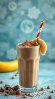 Delicious banana chocolate smoothie with whipped cream and straw served in a tall glass on a vibrant background photo