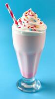 Delicious milkshake topped with cream and colorful sprinkles in a glass on a vibrant blue background photo