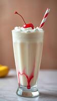 Classic banana milkshake with whipped cream and cherry served in a tall glass photo