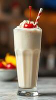 Creamy milkshake topped with whipped cream and a cherry served in a tall glass with a straw photo