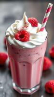 Refreshing raspberry milkshake topped with whipped cream and berries for a delightful summer treat photo
