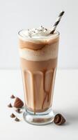 Creamy chocolate milkshake topped with whipped cream and chocolate drizzle on a light background photo