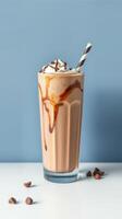Creamy chocolate milkshake topped with whipped cream and a drizzle of syrup on a simple backdrop photo